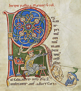 Der Mönch Rufillus mit seinen Schreibgeräten im Scriptorium (Cologny, Fondation Martin Bodmer, Cod. Bodmer 127, f. 244r – Passionary of Weissenau [https://www.e-codices.ch/en/list/one/fmb/cb-0127]; Bearbeitung BAdW) 